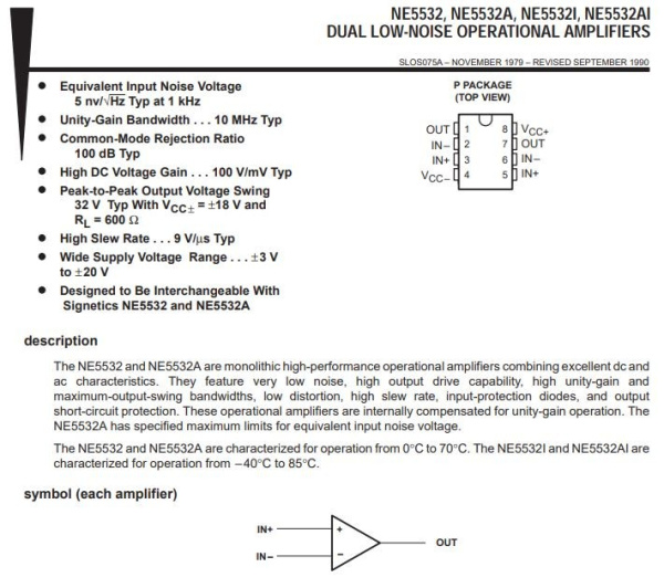 микросхема NE5532P, 2*ОУ, ±15В, DIP8