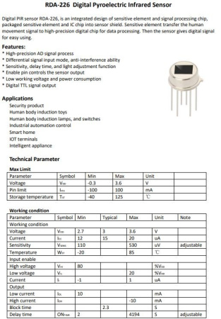Датчик движения RDA226S-F, инфракрасный, цифровой, TTL, DC 2.7..3.6в, TO5
