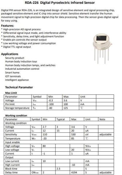 Датчик движения RDA226S-F, инфракрасный, цифровой, TTL, DC 2.7..3.6в, TO5