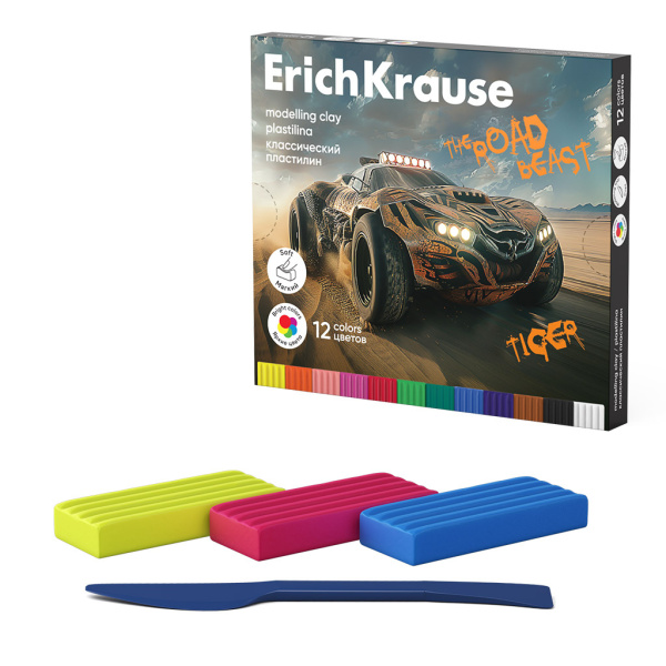 Пластилин 12цв. ErichKrause "Road Beast" классический, 180г (62977)