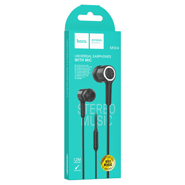 Гарнитура проводная HOCO M104 вставные, кнопка ответа, кабель 1.2м, черный