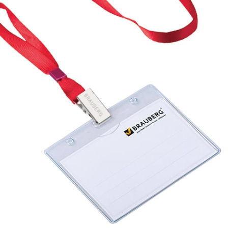 Лента для бейджа BRAUBERG 45 см, металлический клип, красная (235734)