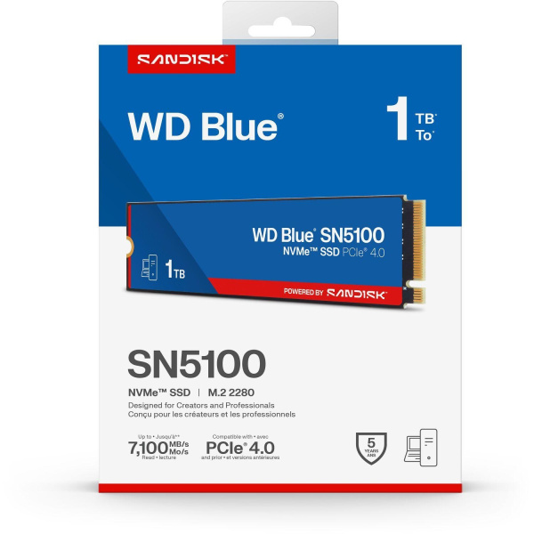 Твердотельные накопители/ WD SSD Blue SN5100, 1000GB, M.2(22x80mm), NVMe, PCIe 4.0 x4, TLC, R/W 7100/6700MB/s, TBW 600, DWPD 0.3 (12 мес.)