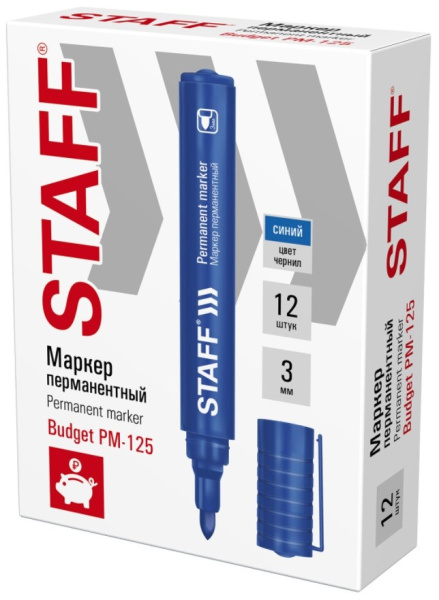 Маркер перманентный STAFF Budget PM-125 круглый наконечник 3мм, синий, 152175