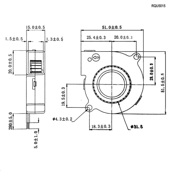 Вентилятор центробежный  50*50*15мм, 24в, 0.08а, скольжения, RQU5015MS