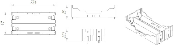 Батарейный отсек (держатель) 18650*2, 77.4*40*21.3мм, 4 контакта