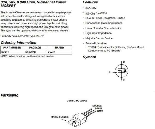 транзистор FET BUZ11 50V 36A N-Ch 0.04ohm TO220
