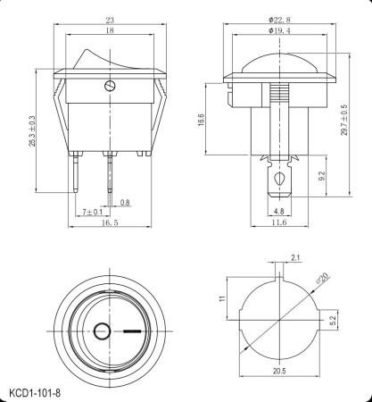 Переключатель клавишный ON-OFF, SPST, 250в, 6а, круг d20мм, черный, KCD1-101-8-C3-B/2P