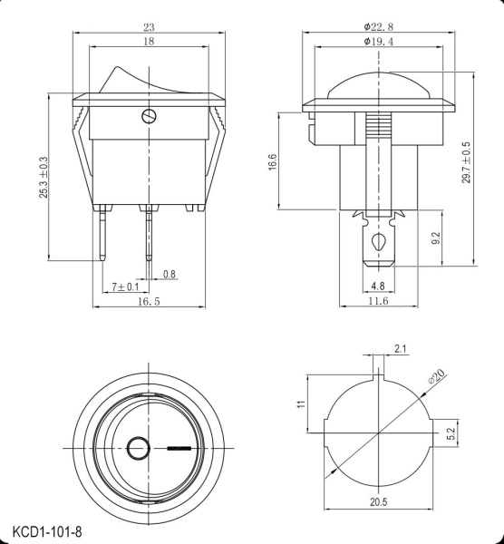 Переключатель клавишный ON-OFF, SPST, 250в, 6а, круг d20мм, черный, KCD1-101-8-C3-B/2P
