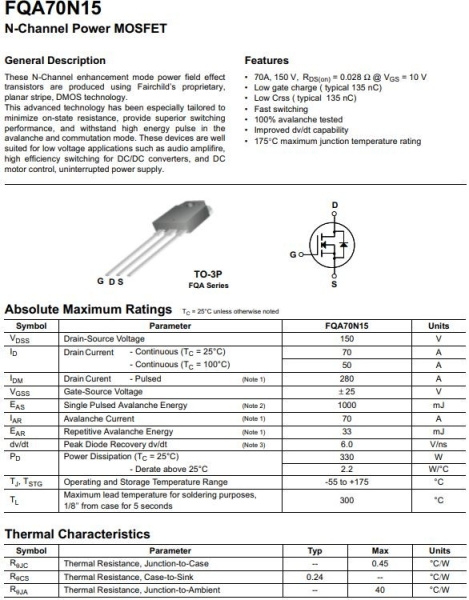 транзистор FET FQA70N15 150V 70A N-Ch 0.023ohm TO3P