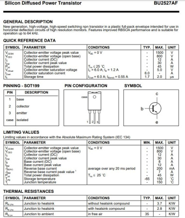транзистор BJT BU2527AF 800V 12A NPN SOT199 45W