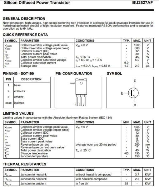 транзистор BJT BU2527AF 800V 12A NPN SOT199 45W