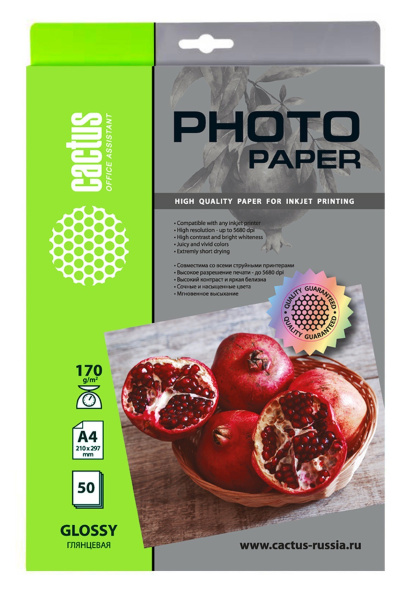 Бумага Cactus 170 г/м2, A4, глянцевая, 50л. CS-GA417050