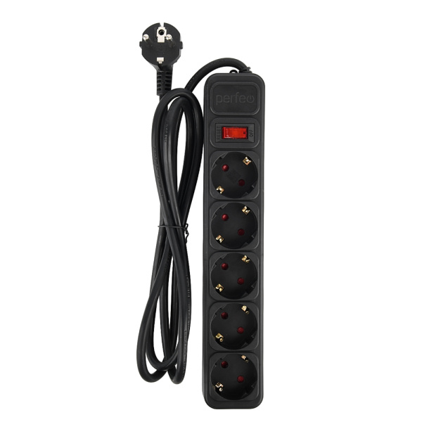 Сетевой фильтр  1.8м, 5 розеток Perfeo, REAL POWER, 16А, 3500Вт, с выключателем, тройная защита, черный