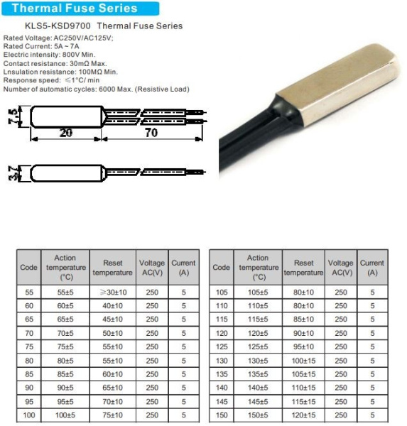 Термостат  60°C, NC,  5A, 250V, KSD9700