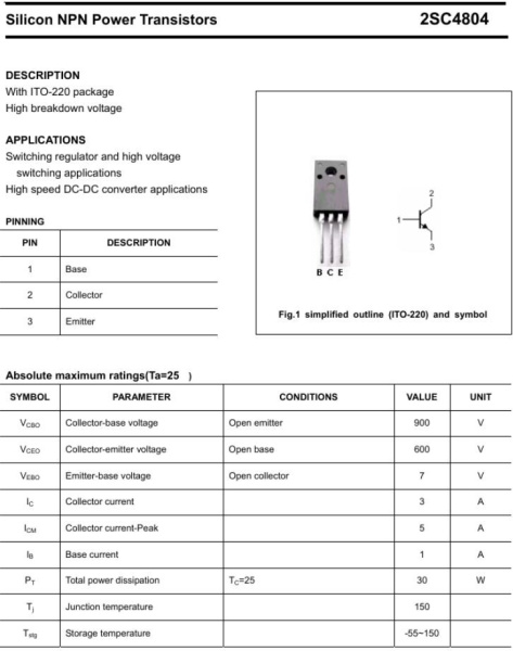 транзистор BJT 2SC4804 (mark C4804) 600V 3A NPN hfe10 TO220 30W