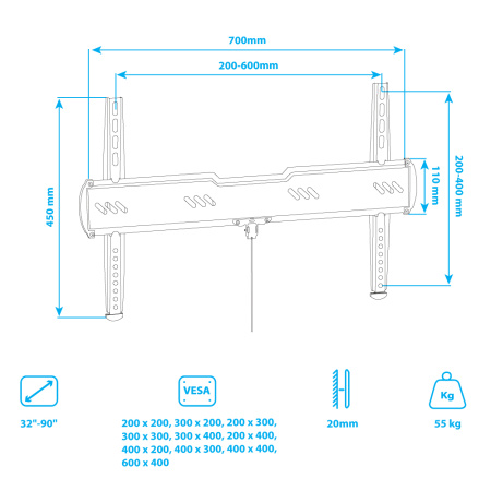 Кронштейн Kromax Ultra Slim-100 black для тв,32-90",до 55кг, от стены 20 мм, до VESA 600x400,фиксированный
